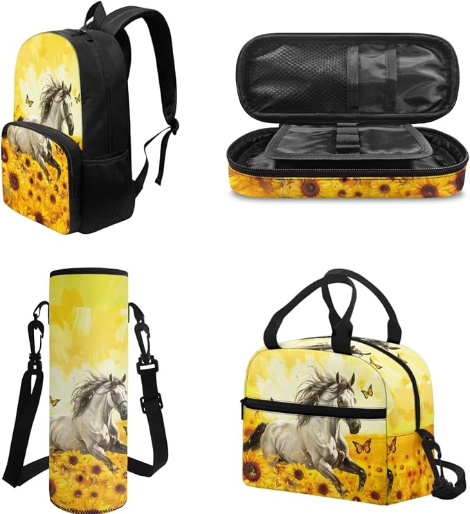 POLERO Sunflower Horse Backpack with Lunch Box for Girls Kids Pencil Case Water Bottle Holder School Bag Set for First Grade - Image 3