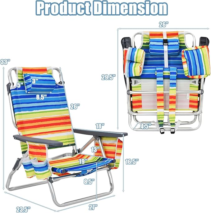 Giantex Folding Beach Chair, Patio Sling Chairs with 5 Adjustable Position, Head Pillow, Storage Bag, Towel Bar, Cup Holders, Backpack Chairs for Sunbathing, Camping Chair - Image 3