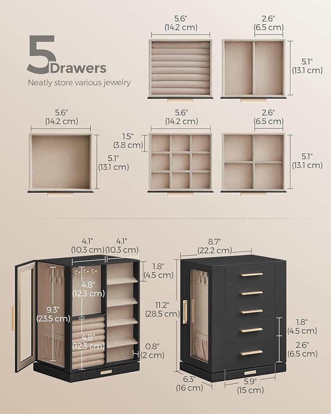 SONGMICS GISELLA Collection - Jewelry Box Organizer 360° Rotating, Vertical Jewelry Storage Case with 5 Drawers, Glass Window, Spacious, Open Design, Great Gift, Ink Black UJBC170B01 - Image 4