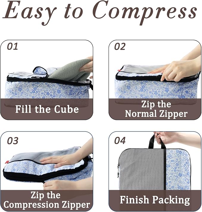 U+U 6 Set Compression Packing Cubes - Ultralight Travel Organizers with Laundry Bag, Space-Saving Suitcase Organizer for Travel, Business Trip and Family Vacation (Blue Flower) - Image 4