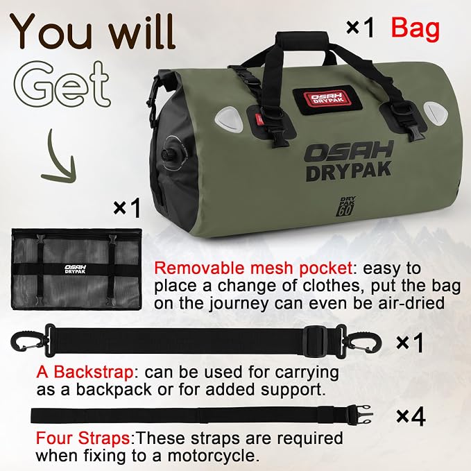 OSAH DRYPAK Waterproof Duffel Bag - Motorcycle Dry Bag Tail Bag with Large Storage Space, Waterproof Luggage Duffle Bags with Outer Mesh Zipper Pocket for Camping, Kayaking, Fishing & Traveling - Image 7