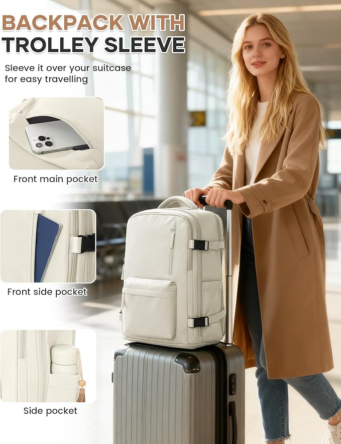 Large Travel Gym Backpack Women Carry On Backpack Flight Approved Hiking Waterproof Rucksack Casual Daypack Laptop bags airplanes Shoes Compartment Personal Item Travel Weekender Bag Essentials Beige - Image 6