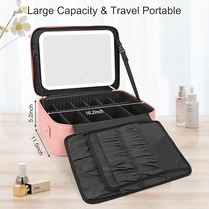 Chomeiu Makeup Bag with LED Mirror, Large Train Case for Makeup Artists, 16.2 inches Travel Professional Cosmetic Organizer with Light Up Mirror, 3 Color Lights, Brush Holder & Shoulder Strap (Pink) - Image 5