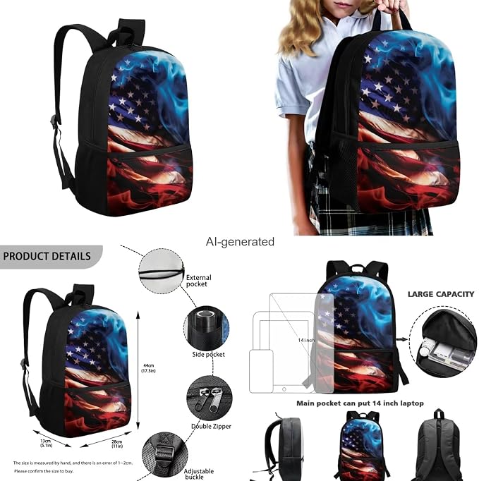 American Flag Backpack for Boys Kids Backpack with Lunch Box Water Bottle Carrier and Soft Pencil Case 4PCS Set Bookbag with Front Pocket for School Teens 17 inch School Bag with Side Pocket - Image 3