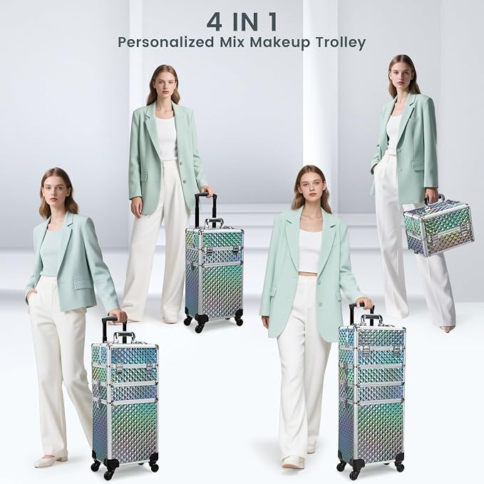 Stagiant Rolling Makeup Case Cosmetology Case on Wheels 4 in 1 Makeup Travel Case Large Cosmetic Organizer Storage with Key Swivel Wheels Nail Artist Salon Traveling Cart Trunk Watery Blue - Image 6