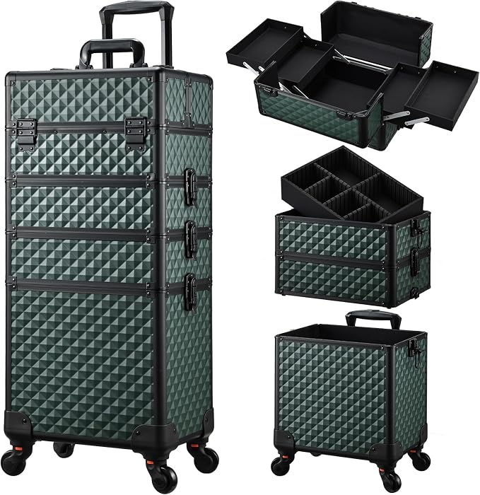 Stagiant Rolling Makeup Train Case Cosmetology Case on Wheels 4 in 1 Cosmetic Box Makeup Travel Case with Key Swivel Wheels Nail Artist Salon Barber StorageTraveling Cart Trunk Dark Green by Stagiant