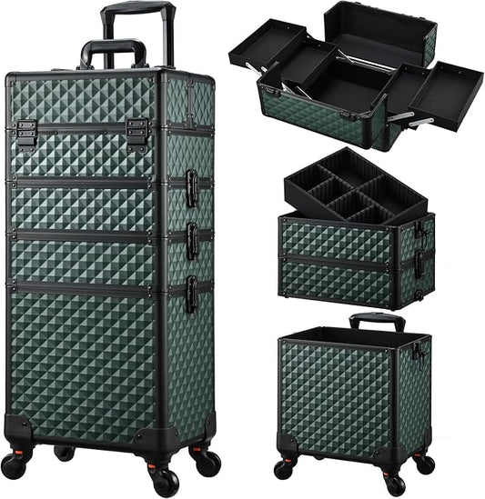 Stagiant Rolling Makeup Train Case Cosmetology Case on Wheels 4 in 1 Cosmetic Box Makeup Travel Case with Key Swivel Wheels Nail Artist Salon Barber StorageTraveling Cart Trunk Dark Green by Stagiant