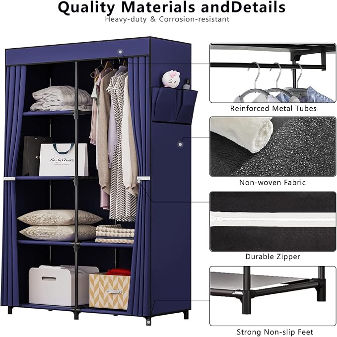 SORCEDAS Portable Closet Wardrobe Organizer Storage with Cover Non-Woben Fabric Portable Wardrobe Closet for Hanging Clothes Racks Shelving 33 Inch for Bedroom, Blue (Blue, 33Inch) - Image 6