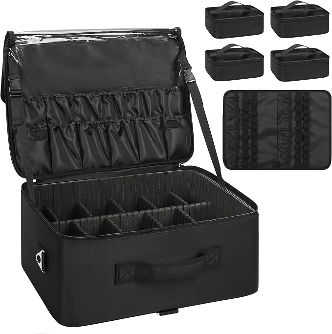 Relavel Extra Large Cosmetic Case, Travel Makeup Bag with 4 Clear Pouches & Lipstick Plate, Portable Cosmetic Case Storage Organizer Box for Makeup Artists with Shoulder Strap & Adjustable Dividers by Relavel