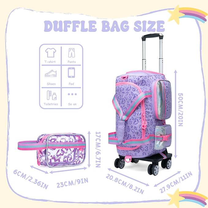 Girls Rolling Duffel Bag with Wheels - Travel Bag for Kids, Overnight, Dance & Gym Use with Shoe Compartment - Image 3