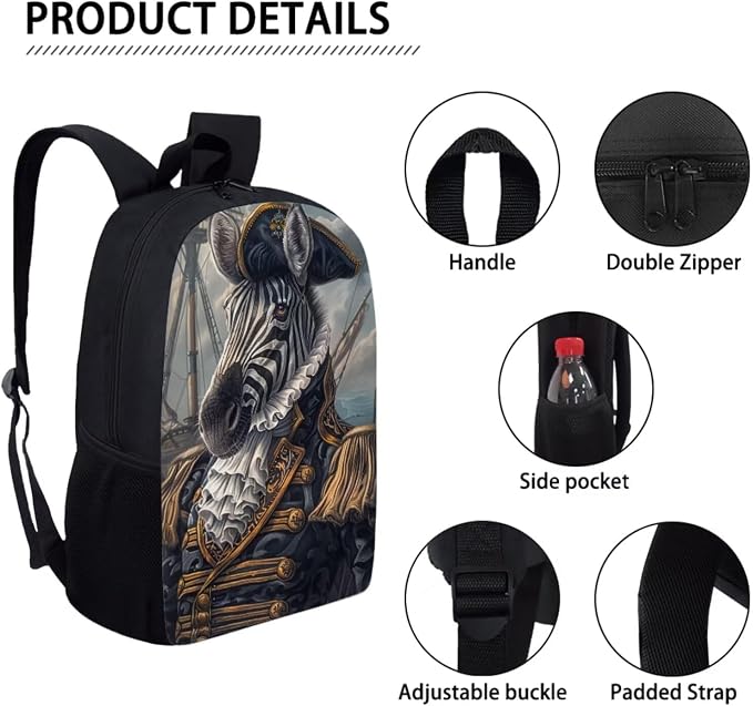 17 Inch Animal Print School Backpack And Lunch Box Set for Kids Lightweight Funny Pirate Zebra Backpack for Boys Girls Sturdy School Bag with Insulated Lunchbox Pencil Case Student Bookbag - Image 4