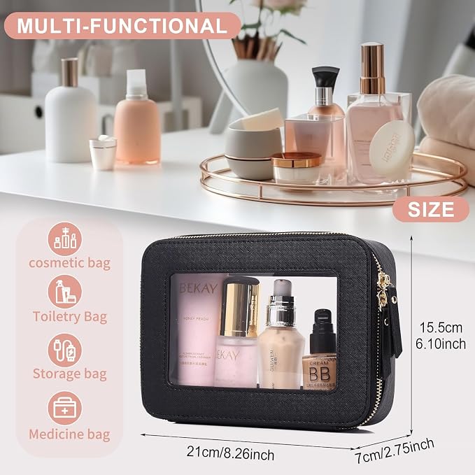 Pinkmik Clear Makeup Bag for Women Waterproof Travel Cosmetics and Toiletries Case Portable Makeup Oaganizer Bag Clear Car Bag with Zipper (Black, M) - Image 3