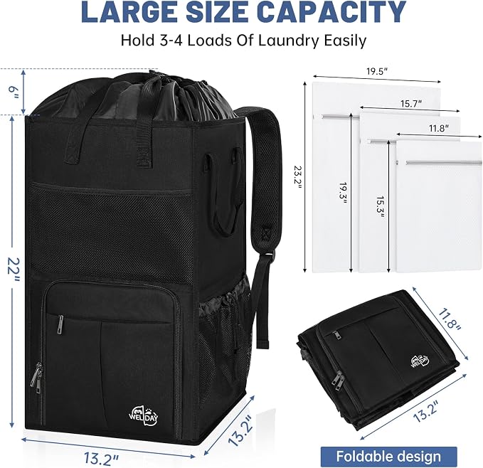 170L Laundry Backpack Bag with 3 Sizes Mesh Wash Bags Empty, Extra Large 2 in 1 Laundry Hamper Basket with Shoulder Straps, Freestanding Laundry Bag for College Dorm, Laundromat, Apartment (Black) - Image 3