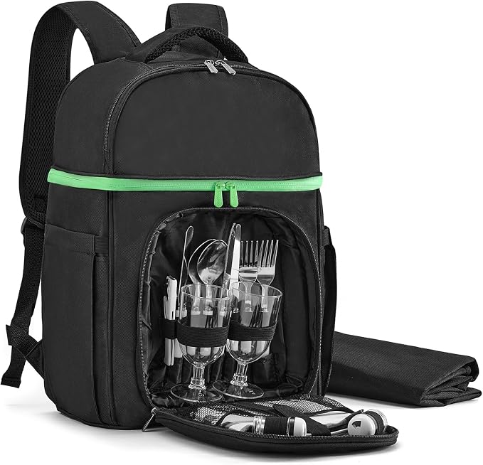 Vogano Picnic Backpack & Accessories – Insulated Picnic Set for 2 Person with Dual Compartments, Lightweight Blanket, Cutlery Set, for Newlyweds and Couples Gifts Black by Vogano