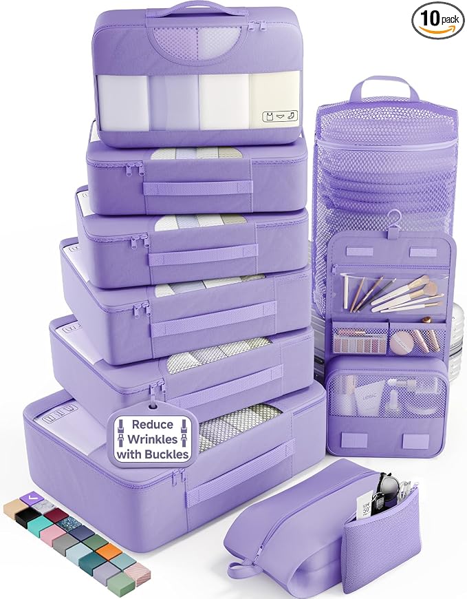 Veken 10 Set Packing Cubes for Travel Essentials,Anti-Wrinkle Buckled Suitcase Organizer for Shoe & Toiletry Bag,Carry On Luggage Bag with 99+ Count Mesh Holes for Airplane & College Dorm Accessories by Veken