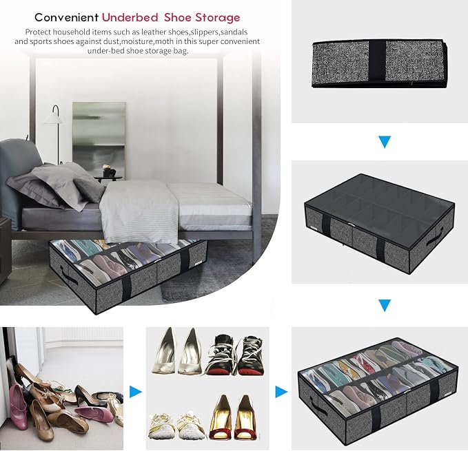 Onlyeasy 2 Pack Under Bed Shoe Storage Organizers with Handles & Clear window (Fit 14 +14 Pairs), Sturdy Underbed Box Organizer Shoe Storage Bags for Kids & Adults, Linen-like Black, MXAUBS14S14 - Image 6