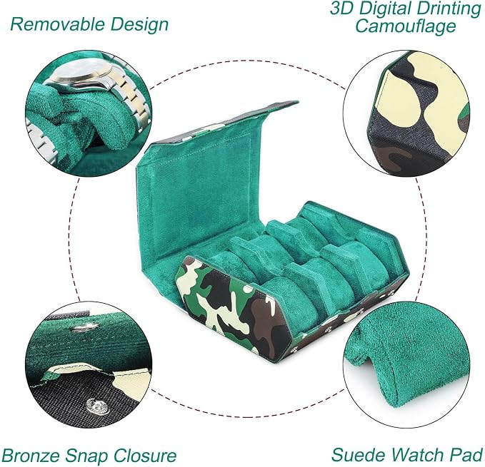 Hiram Genuine Leather Hexagon Watch Roll Travel Case, Military Camouflage Leather 6-Watches Roll Case with Removable Pillow Cushion for Treasured Watches and Bracelets-Camouflage Green - Image 4