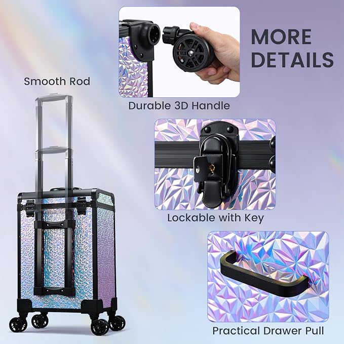 Professional Rolling Makeup Train Case with Drawers, Large Cosmetic Trolley with Locks, Cosmetics Storage Organizer Make up Case for Travel Makeup/Nail Art/Hair Styling, Shiny Pink - Image 7