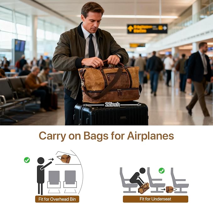 Waxed Canvas Duffel Bag with Shoe Compartment | 3-Piece Oversized Weekender Set Genuine Leather Trim Vintage Travel Carry-On Overnight Bag - Image 5