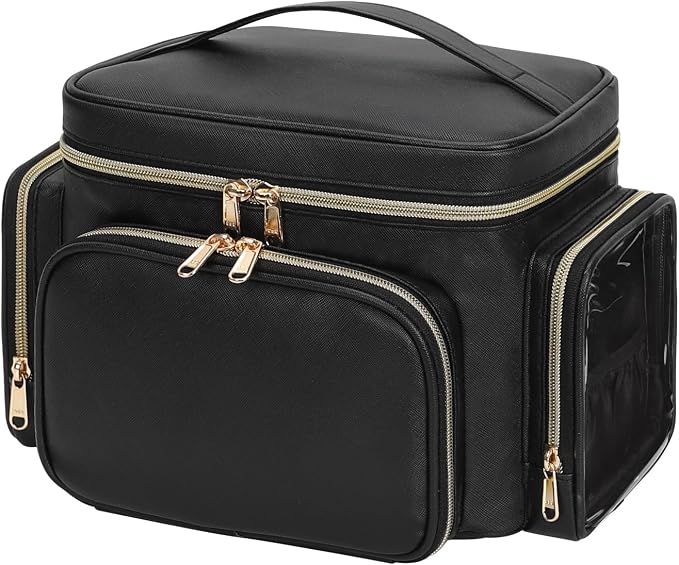 Bagmoly Large Makeup Bag, Portable Travel Makeup Bag Organizer for Women Girls with Makeup Brush Compartment & Two Side Pockets, Cosmetic Travel Bag Vertical Storage Toiletry Bag - Black - Image 8