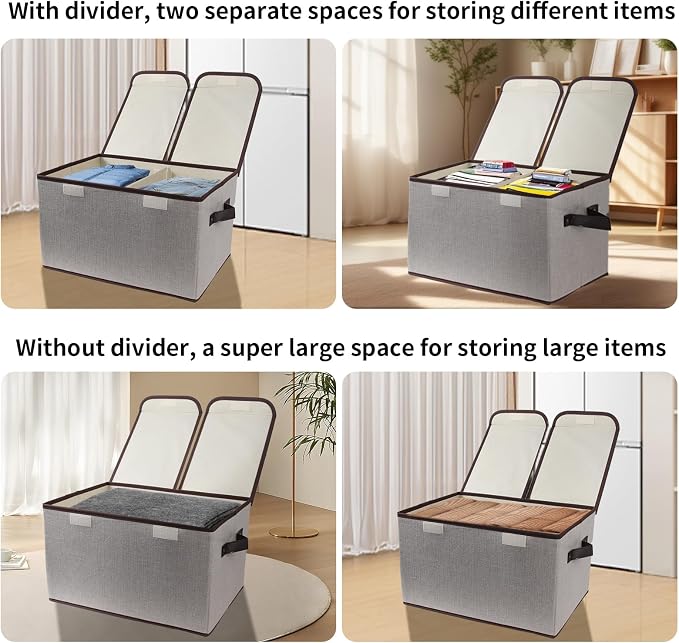 Foldable Fabric Storage Box, 16.5 x 11.8 x 9.8 inches (L x W x H), with Double-Lid & Dividers, Large Organizer for Home, Closet, Office(Grey) - Image 5
