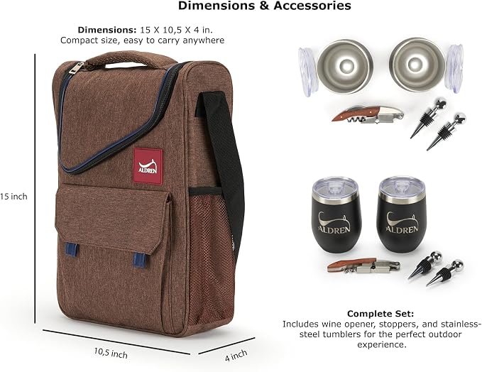 Insulated Wine Cooler Bag Set – 3 Bottle Wine Travel Tote or 2 Bottles with 2 Tumblers – Thermal Wine Carrier with Corkscrew & Stoppers for Picnic and Wine Gifts - Image 5