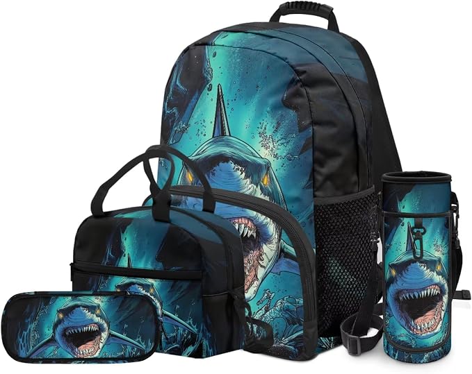Shark Backpack and Lunch Box Set 4 PCS Schoolbag Book Bag with Insulated Lunch Bag Box Pencil Case Water Bottle Holder Carrier Sling Bag - Image 2