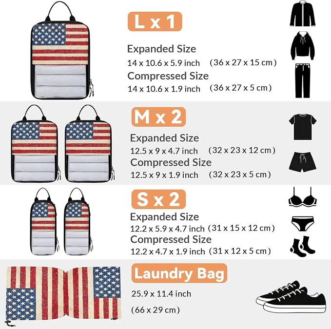 American USA Flag Vintage Compressible Packing Cubes for Suitcase 6 Set Lightweight Expandable Compression Packing Travel Luggage Organizer - Image 2