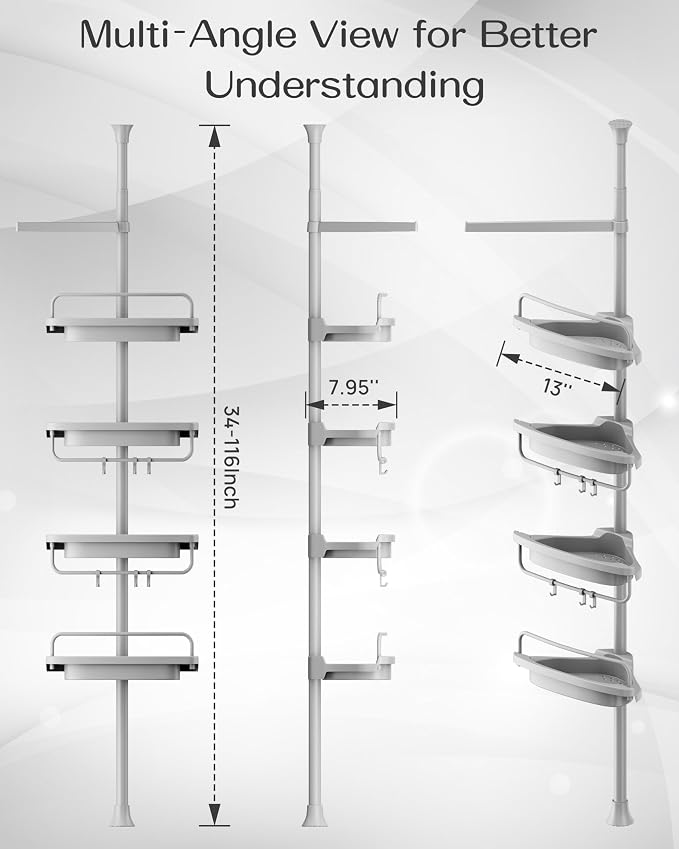 ALLZONE Corner Shower Caddy Tension Pole, Extendable Rustproof Stainless Steel Pole & 4-Tier Adjustable Shelves for Easy Drainage and Built-to-Last Stability, 34 to 116 Inches, Grey - Image 2