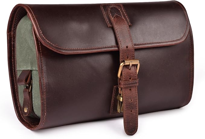 LEATHER VILLAGE Hanging Genuine Leather Toiletry Bag for Men & Women with Waterproof Lining – Handcrafted Vintage Travel Dopp Kit, Shaving Organizer & Shower Bathroom Essentials Case - Cherry by LeatherVillage