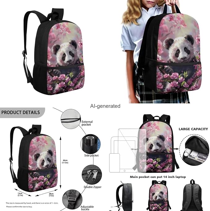 Cherry Blossom Panda Backpack for Girls Kids Backpack with Lunch Box Water Bottle Carrier and Aesthetic Pencil Case 4PCS Set Bookbag with Front Pocket for School 17 inch Large School Bag - Image 3