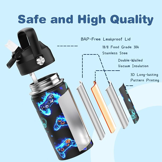 Bevalsa Kids Backpack for Boys with 14oz Insulated Bottle, Gamer Backpack School Bags for Kids & BPA-FREE Stainless Steel Metal Bottle with Straw Lid for Elementary Middle School Student (Blue Flame) - Image 8
