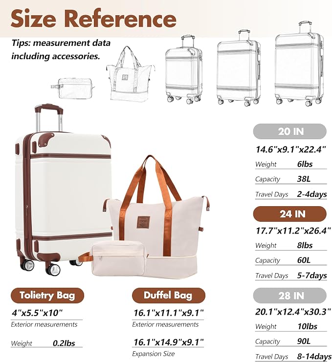 Merax Suitcase Set 24 inches Expandable Luggage with TSA Lock Spinner Wheels Hardshell Lightweight Vintage Luggage with Travel Bag,White - Image 2