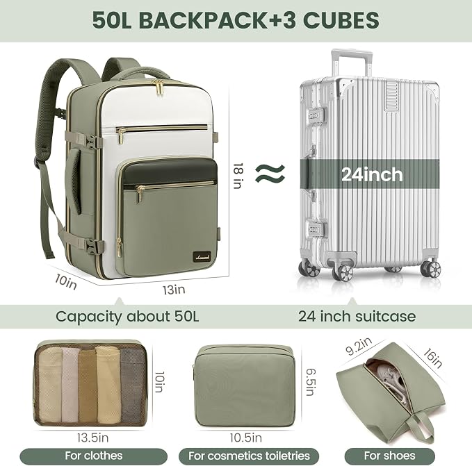 LOVEVOOK Travel Backpack For Women,50L Carry On Backpack Flight Approved,TSA Personal Item Travel Bag Fits 18 Inch Laptop,Business Weekender Overnight Daypack with Toiletry Bag and Cubes - Image 4