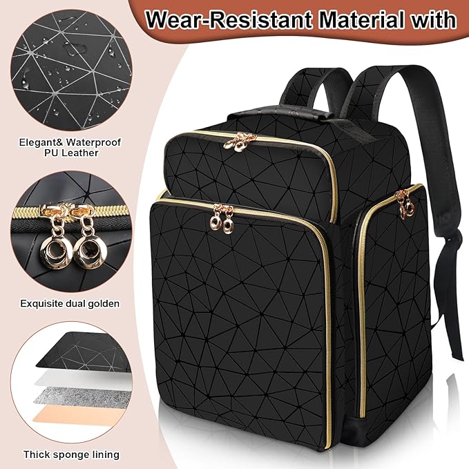 Nail Polish Organizer Backpack Holds 126 Bottles& Nail Lamp, Extra Large Nail Kit Supplies Organizer Bag with 3 Removable Cases, Portable Nail Organizers and Storage for Trave (Elegant Black) - Image 4