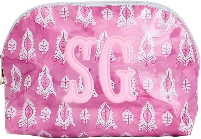 Personalized Clear Coated Pouch - Medium or Large Toiletry Bag with Embroidered or Applique Monogram, Custom Makeup or Travel Organizer, Easy-Clean Cosmetic Bag, Travel Gift for Women (Pink Lotus, M) by Sprinkled+With+Pink