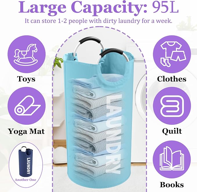 2Pcs Foldable Laundry Basket with Handles, 95L Large Clothes Hampers for Men, Tall Laundry Bin Stand Up Well, Portable Storage Basket for Family, Flat, Blue + Navy Blue - Image 2