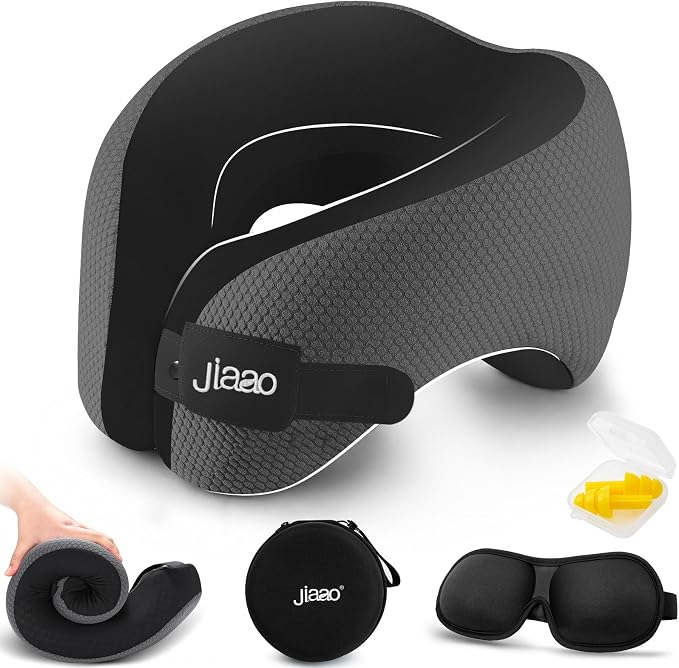 Ergonomic Travel Pillow,100% Memory Foam Travel Neck Pillow for Airplanes | 360 Neck & Chin Support Airplane Pillow For Long Flights,Airplane Travel Essentials With 3d Eye Mask, Earplugs,Carry Case by jiaao