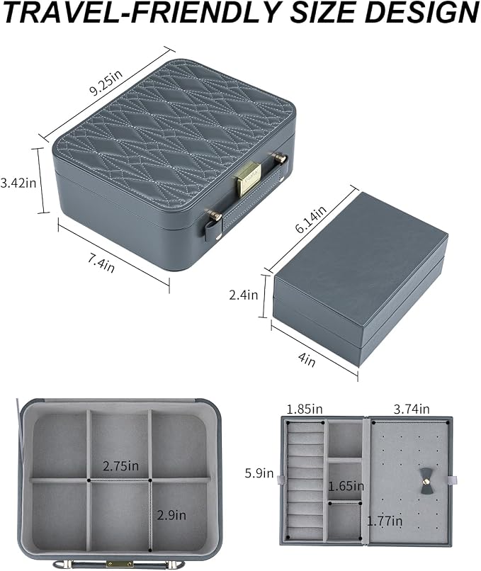 Travel Jewelry Case Large, Jewelry Box Large Jewelry Travel Organizer Jewelry Case with Handle, Best Gift for women Girls, Grey - Image 7