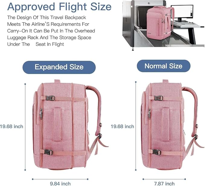 Gieury Carry On Backpack for Women, 50L Travel Backpack Flight Approved, Expandable Backpack For Airplanes, 17 Inch Laptop Backpack, Luggage Suitcase Daypack Lightweight Business Weekender Bag, Pink - Image 4