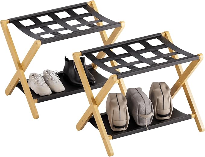 HITNET Luggage Rack 2 Pack, Folding Suitcase Stand for Guest Room, Bamboo Luggage Holder with Storage Shelf for Hotel Bedroom, Natural by HITNET
