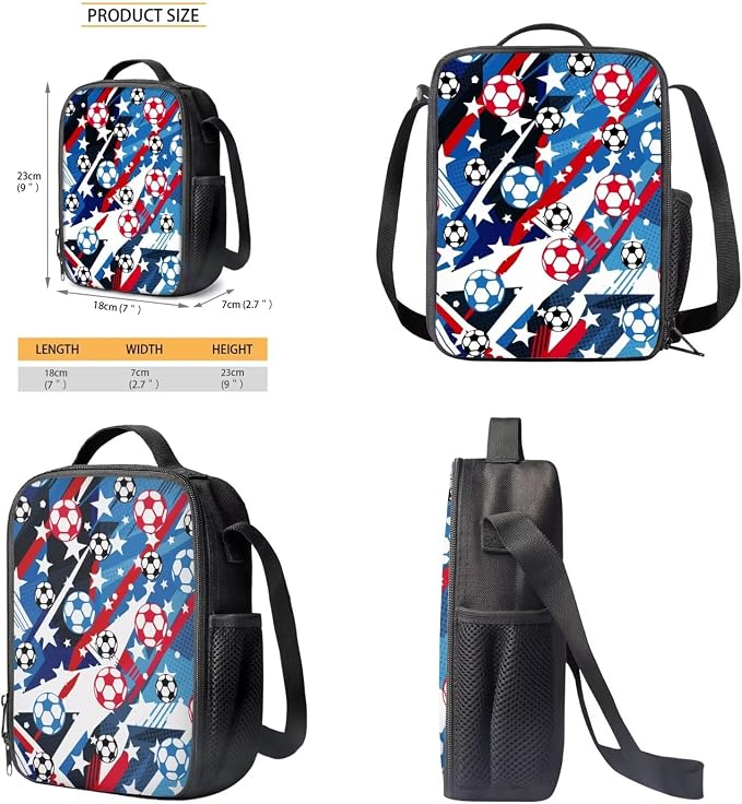 Patriotic Soccer Star Print Reusable School Bookbag Set for Teenage Girls, 4th of July Backpack Set with Insulated Lunch Shoulder Box and Pencil Case, Children's Knapasck Set, Blue - Image 6