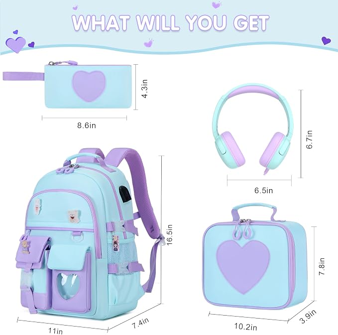 ACESAK Backpack for Girls with Headphones - Girls Backpack with Lunch Box, Pencil Case & Kids Headset - 3.5mm Wired Headphones for School Bookbag Schoolbag Set Back To School Gift (Blue Purple) - Image 2