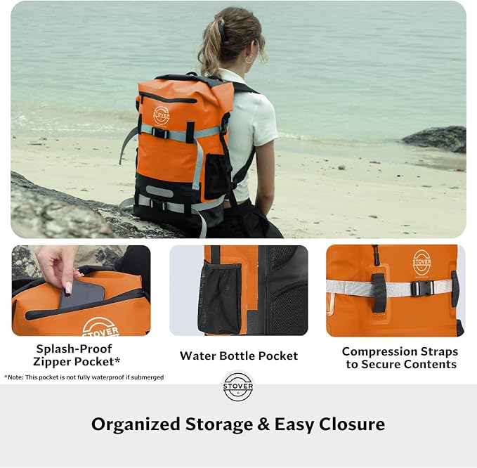 STOVER 30/40/55L Waterproof Dry Backpack & Phone Case- X-Large Floating Dry Bag for Kayaking, Travel, Hiking, Fishing, Camping, Motorcycles & Beach, Heavy-Duty Roll Top Men/Women (Orange) - Image 7