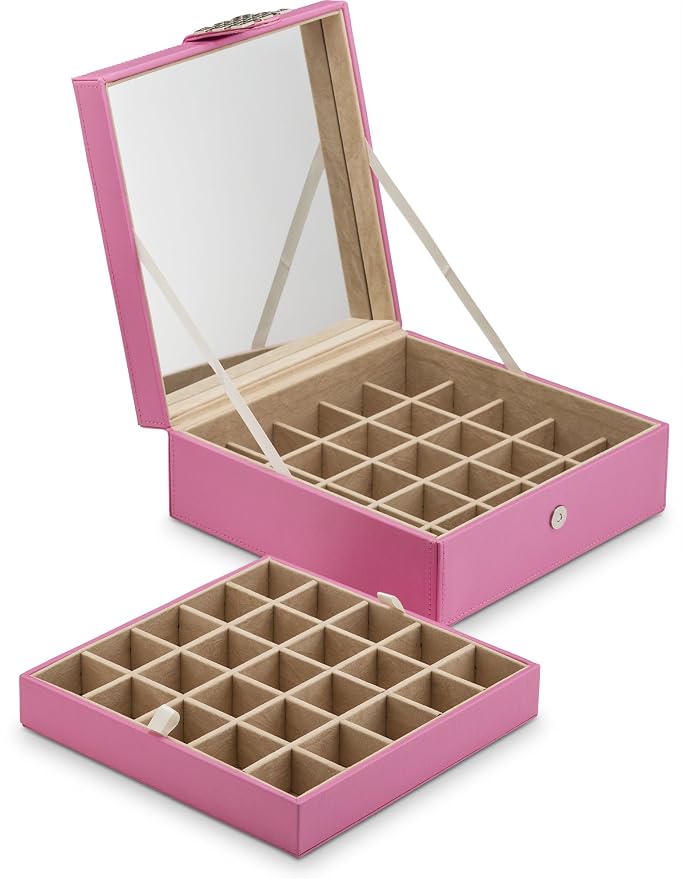 Glenor Co Earring Organizer - Classic 50 Section Jewelry Box/Case/Holder for Earrings, Rings, Necklaces, Jewelry, Cufflinks or Collections -2 Layer Small Compartments with Large Mirror - Pink - Image 5