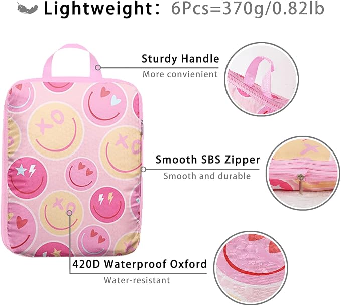 6 Pcs Compression Packing Cubes, Packing Cubes for Travel, Waterproof Luggage Organizer Bags Set, Cute Packaging Cubes for Women Kids Backpack Carry-Ons - Image 5