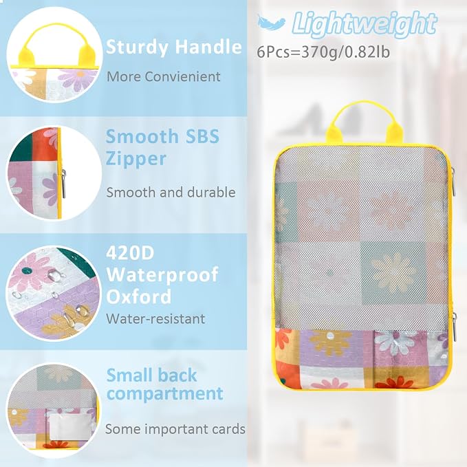 Colored Flower Compression Packing Cube Kit 7 Piece | Quick-Dry, Breathable Mesh, Carry-On Compatible Travel Essentials for Clothes, Shoes, Cosmetics & Toiletries, Multi - Image 4