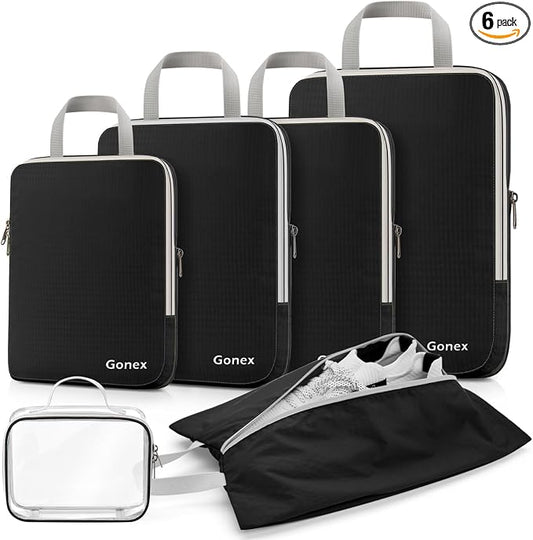 Gonex Compression Packing Cubes, 6pcs Expandable Storage Travel Luggage Bags Organizers with Shoe Bag, Clear Toiletry Bag (Black) by Gonex