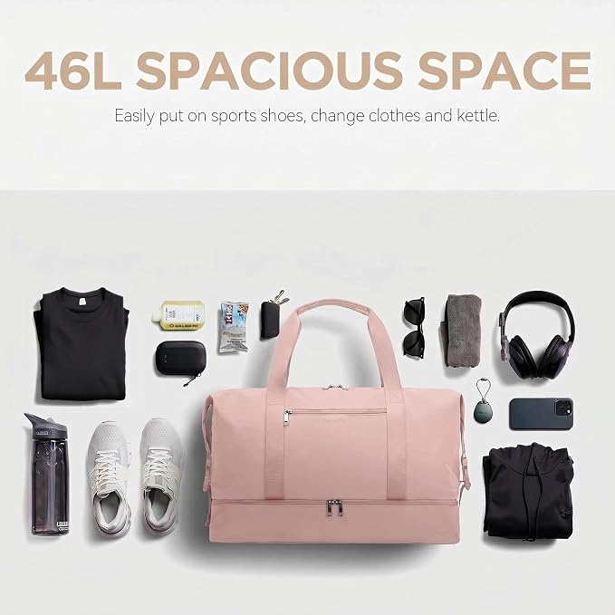 Oeihuivt Weekender Bags for Women, Pink, 21 Inch, 2-Piece Set | Large Travel Duffel Bag, Shoe Compartment, Heavy-Duty Canvas Leather, Carry On Overnight Tote - Image 7