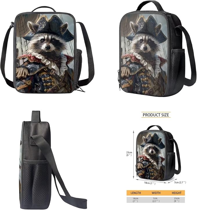 17 Inch Animal Print School Backpack And Lunch Box Set for Kids Lightweight Racoon As Pirate Backpack for Boys Girls Sturdy School Bag with Insulated Lunchbox Pencil Case Student Bookbag - Image 5